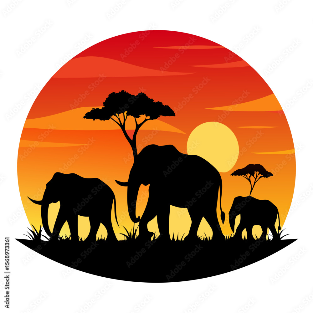 Fototapeta premium elephant-family-vector-silhouette--sunset-style