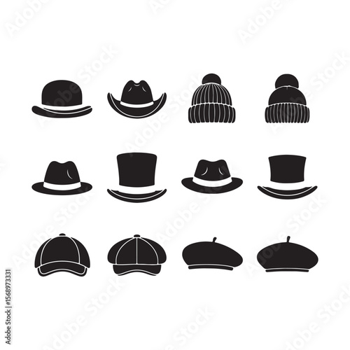 Twelve Black Silhouettes of Various Hats Including Bowler Fedora Top Hat Newsboy Cap and Beanie