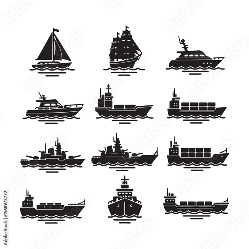 Twelve Black Silhouettes of Various Water Vessels Sailing on Water a Collection of Sailboats Motorboats Cargo Ships and Warships