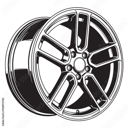 Detailed black and white vector illustration of a modern car alloy wheel design