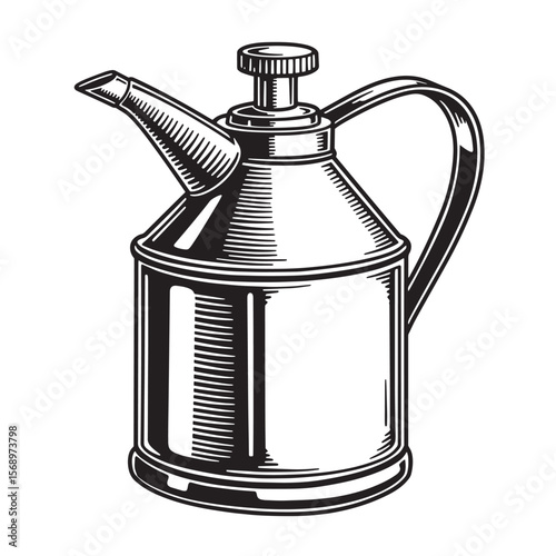 Detailed illustration of an antique oil can or container in a black and white vintage style