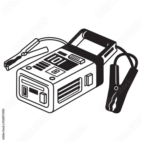 Illustrated black and white battery charger and jumper cables on a white background