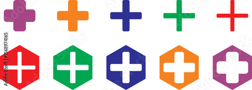 Plus Icon Black. Pluses, Cross Symbol,  Addition Logo, Positive Sign, Isolated White, Variations. Vector illustration.