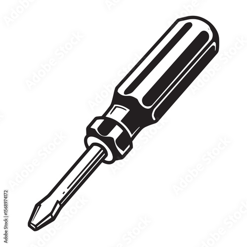 Isolated black and white vector illustration of a flathead screwdriver repair tool