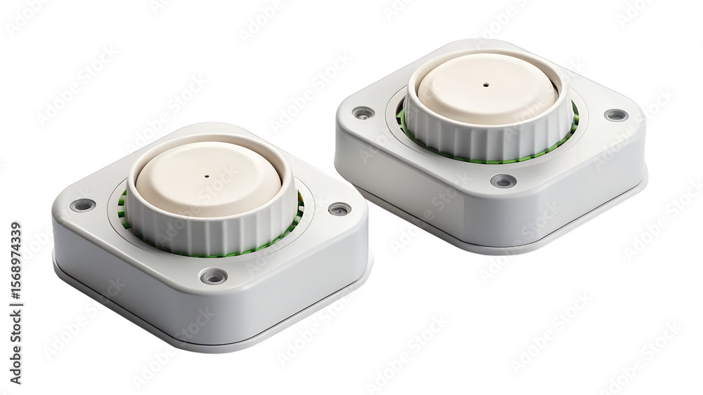 Fototapeta premium Two small white square sensors with round tops are isolated on transparent background