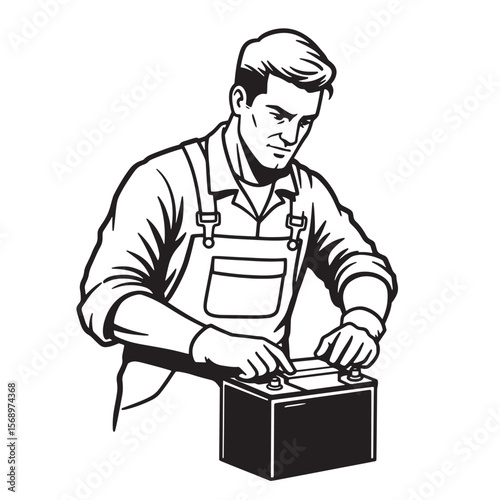 Mechanic working on a car battery monochrome illustration in retro graphic style