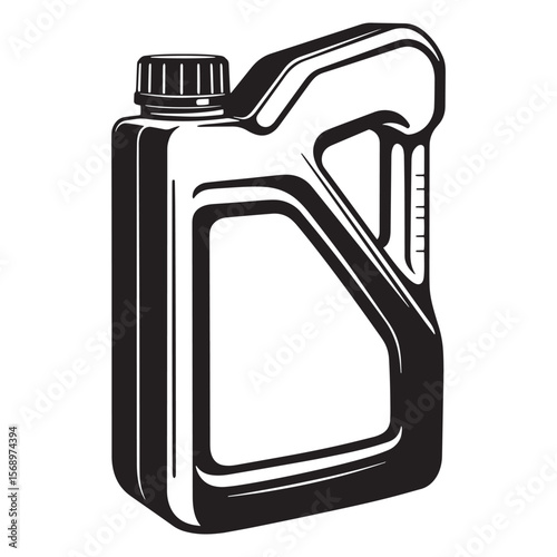 Monochrome vector illustration of an oil canister with handle and cap isolated on white