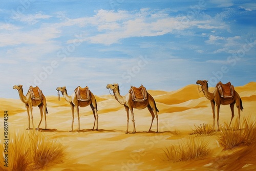 Camels moving through a serene desert landscape - specific vegetation, sands, blue sky. Advertising for travel agencies and desert travel.