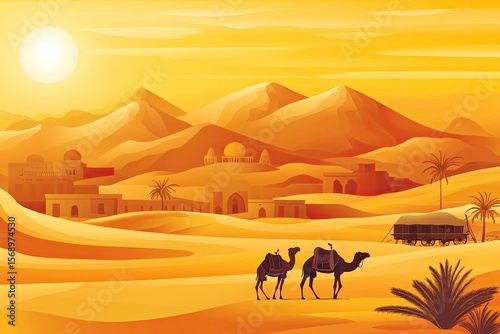 Camels crossing the golden desert dunes. Desert landscape: specific vegetation, sands, an oasis with a human settlement. Advertising for travel agencies and desert travel.
