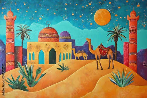 Camel caravan crossing a picturesque desert near an ancient castle with towers and palm trees, desert vegetation. Advertising for travel agencies and desert travel.