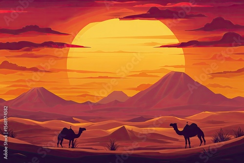 Middle Eastern desert oasis with two camels against the background of a beautiful sunset. Advertising for travel agencies and desert travel.