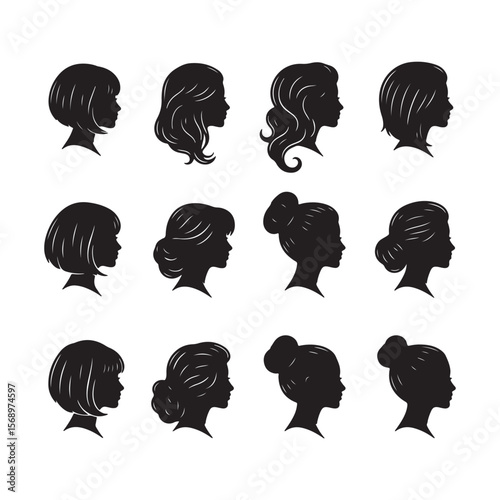Twelve Black Silhouettes of Womens Heads Profile Views Various Hairstyles Bob Bun Long Hair
