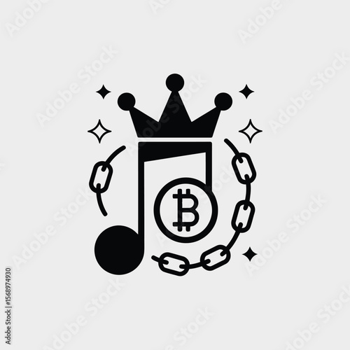 Minimalist Vector Icon Illustration of a Black Musical Note Crowned with a Black Crown Surrounded by a Chain and a Gold Bitcoin Coin with Purple Stars on a Light Gray Background