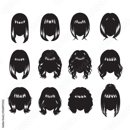 Twelve Black Silhouettes of Womens Short Bobs Wavy Curly and Updo Hairstyles Hair Graphic Design