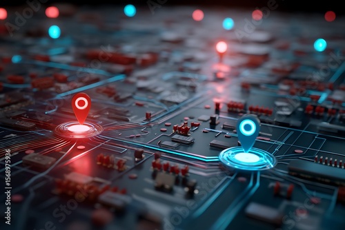 Futuristic Circuit Board with Glowing Location Markers, Red and Blue GPS Navigation