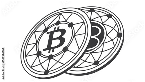 Two bitcoin coins with network design in black and white digital currency illustration style image
