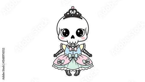 Cartoon skeleton princess doll with big eyes, wearing a tiara and a pastel-colored dress.