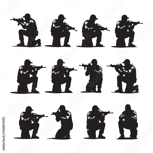 Twelve Silhouettes of Soldiers Kneeling and Aiming Assault Rifles Black and White Military Illustration