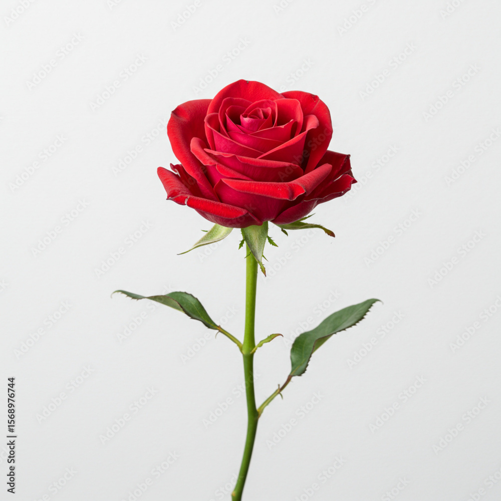 Red rose blossom on white, a single bloom of natural beauty and love Red rose blossom on white, a single bloom of natural beauty and love