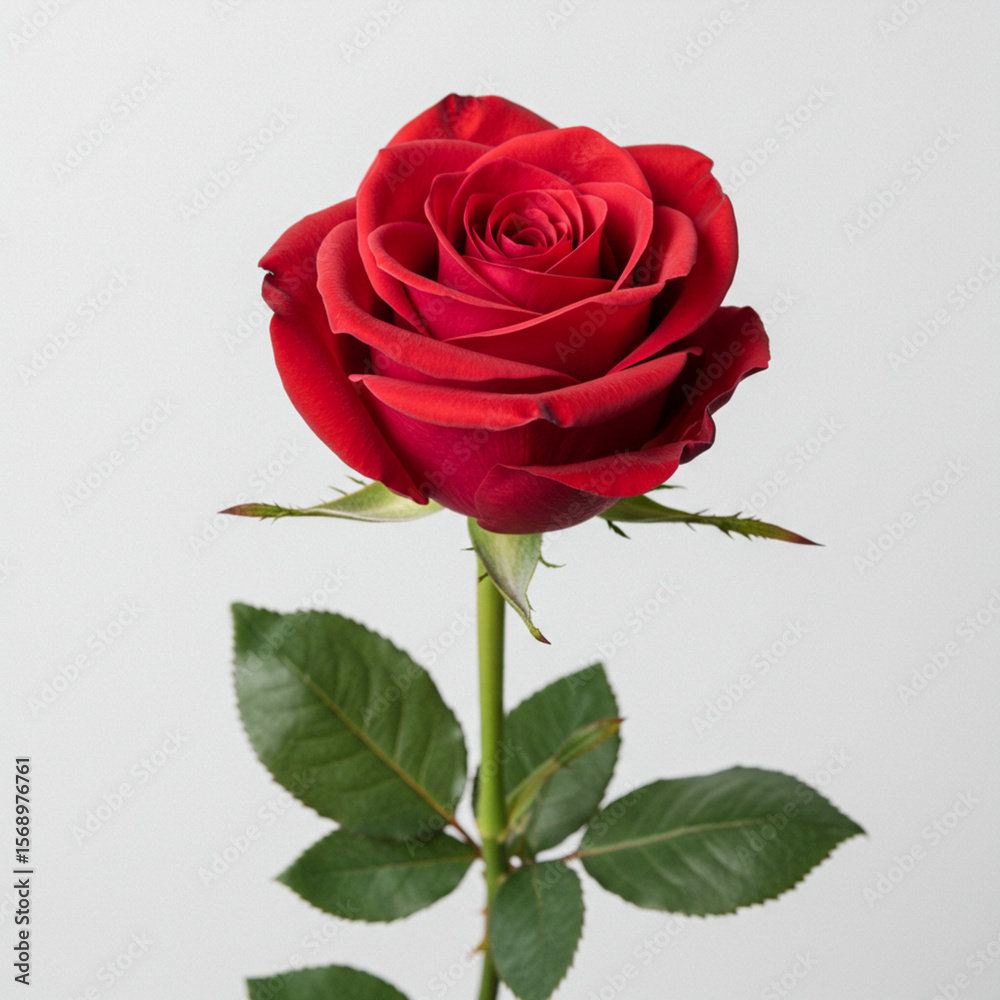 A single red rose, a symbol of love and beauty, isolated on a white background with delicate green leaves and soft petals, embodies romance and nature's blossom A single red rose, a symbol of love and beauty, isolated on a white background with delicate green leaves and soft petals, embodies romance and nature's blossom