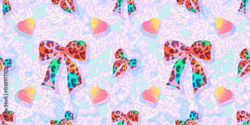 Modern seamless design with vibrant leopard print bows, pastel gradients, abstract lines and cute hearts. Great for lifestyle products, packaging, kids decor and digital use.