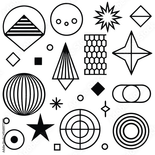 Collection of Twenty Four Black Geometric Shapes on White Background Circles Squares Stars Diamonds Triangles