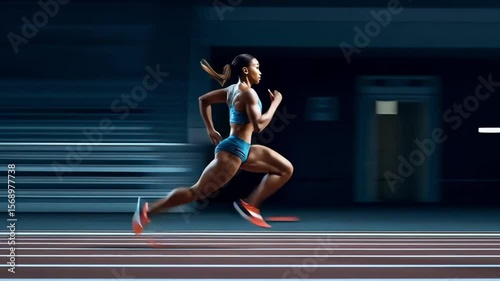 Dynamic female athlete sprinting during a race on an indoor track with motion blur effect showcasing speed