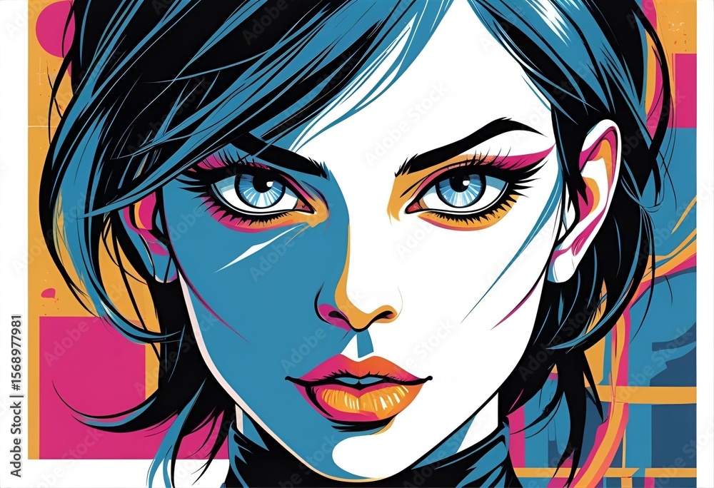 Naklejka premium Glamorous fashion illustration of a woman's face with beautiful eyes, lips, and flowing black hair, rendered in a striking cartoon vector art style