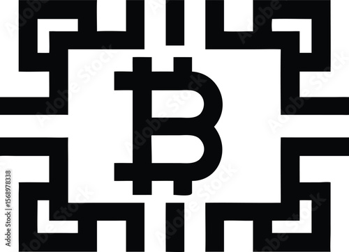 Bitcoin symbol in a square maze like frame with a black and white color scheme and simple design style