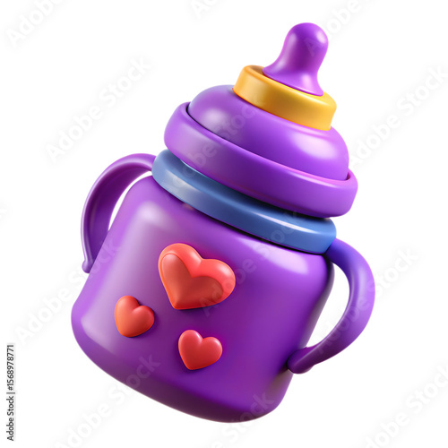 Cute purple baby bottle with red hearts and yellow cap isolated on transparent background
