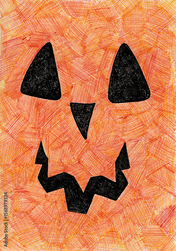 Illustration of smiling jack o lantern pumpkin. Triangular eyes and nose, zigzag smile. Black color on an orange background. Drawn with cross strokes. Different shades of orange, yellow. Halloween.