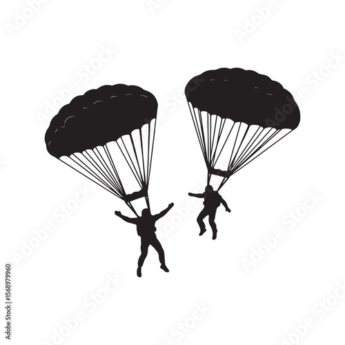 Two Black Silhouettes of Skydivers Under Open Parachutes Descending Against a White Background Aerial View Action Extreme Sport Freefall Parachuting