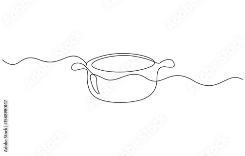 Continuous one line drawing of big pan isolated on white background, linear style vector illustration. Big pan continuous one line drawing. Cooking and kitchen concept in simple linear style vector
