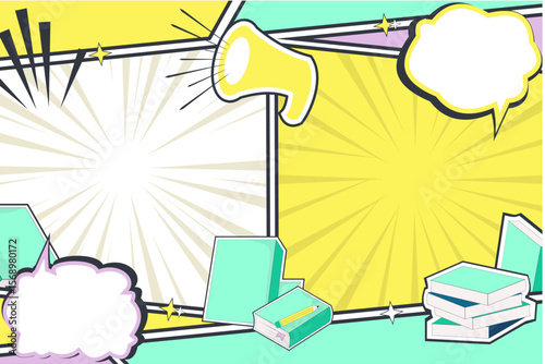 Colorful Comic Panel Template with Books and Speech Bubble – Versatile Layout for Creative Projects, Pastel Pop Art Comic Background.  Blank Comic Layout and School Icons