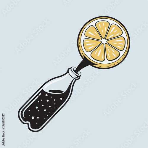 Refreshing lemon soda illustration with bottle and citrus fruit slice depicting the flavor concept in vector style