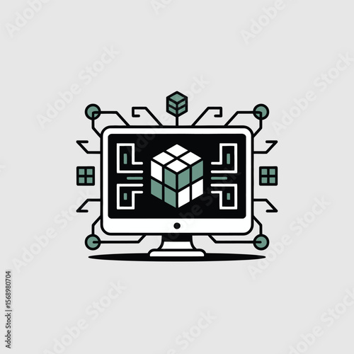Minimalist Vector Icon of a Computer Monitor Displaying a 3 D Cube Connected to Circuitry Elements in Black White and Sage Green