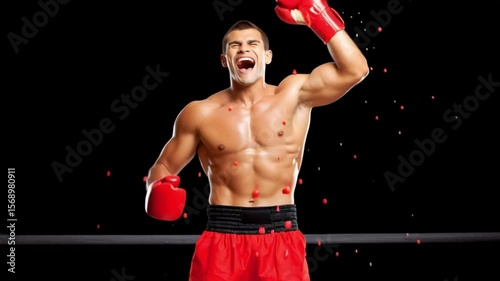 Athletic Boxer in Short Red Pants and Red Gloves Posing in a Black Boxing Ring with a Strong Stance