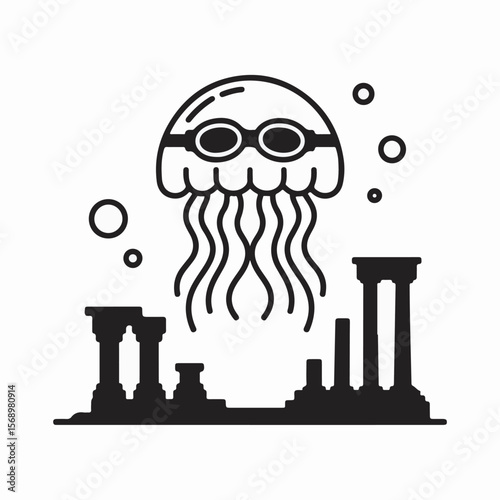 Whimsical illustration of a swimming jellyfish with goggles above underwater greek ruins vector design