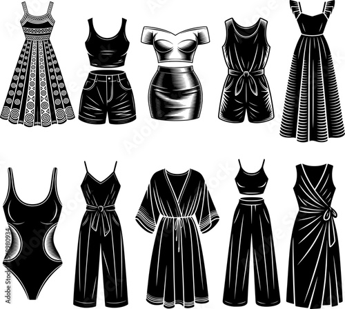Bold black silhouette of stylish women's summer outfit collection with dresses and jumpsuits