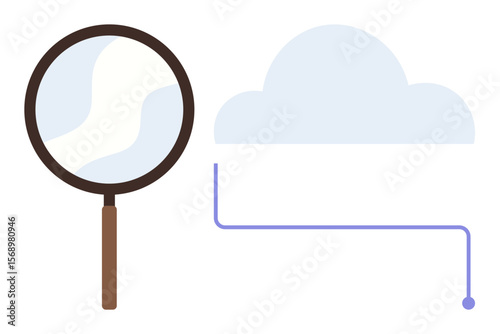Magnifying glass linking to cloud through a line emphasizes data analysis, cloud technology, and digital connection. Ideal for search, research, technology, innovation, discovery networking. Simple
