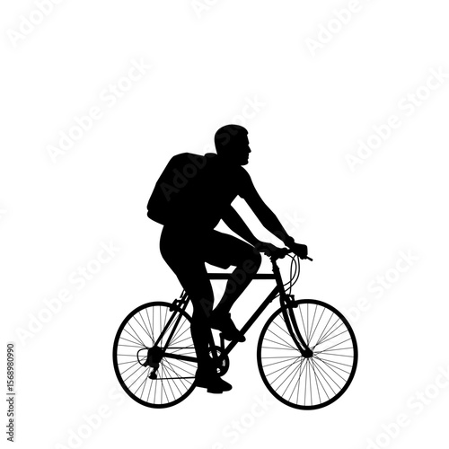 Silhouette of a man riding a bicycle with a backpack. Vector illustration in black for cycling, delivery, outdoor activity, or eco transportation concepts. Isolated on white