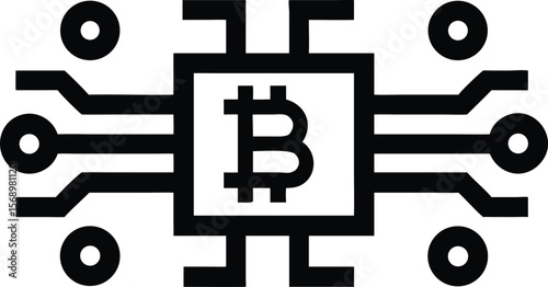 Black and white bitcoin symbol inside a square circuit board with circular connections icon design
