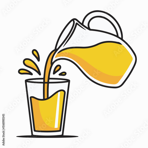 Animated illustration of refreshing orange juice pouring from a pitcher into a drinking glass with splashes