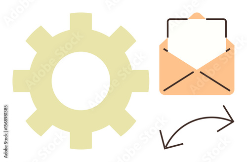 Gear symbol, envelope with paper, and arrows representing email automation, process optimization, communication, technology, workflow, and system integration. Ideal for teamwork productivity