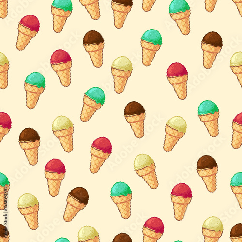 Pixel art pattern with colorful ice cream scoops in waffle cones, vector