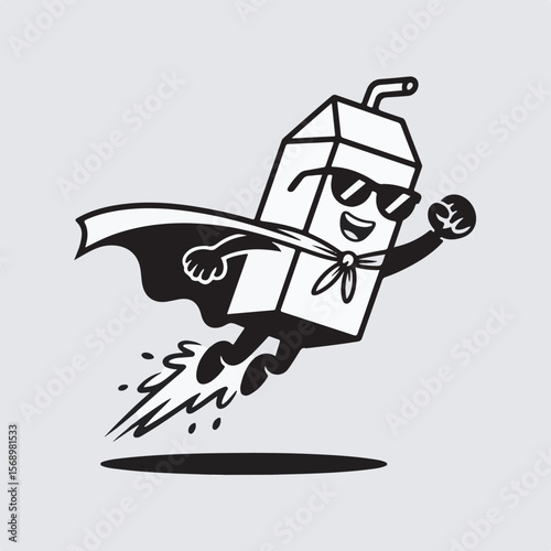 Cartoon superhero milk carton illustration flying through air with sunglasses and a cape representing dairy power