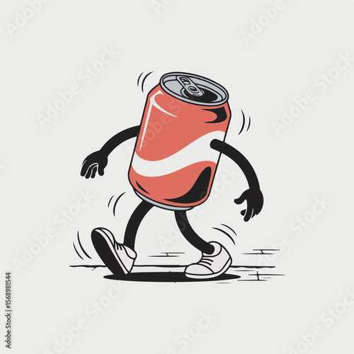 Animated cartoon character of a soda can walking on a brick street with smiling expression and friendly appearance
