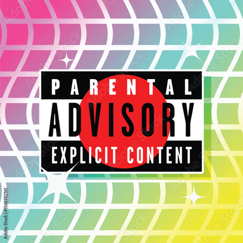 Explicit Mark with Red Circle on Neon Gradient Grid Background, Retro Style Illustration