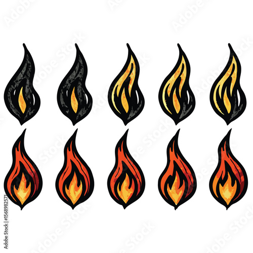 Eight Stylized Flame Icons in Black Orange Yellow and Red Hues Arranged in Two Horizontal Rows on White Background