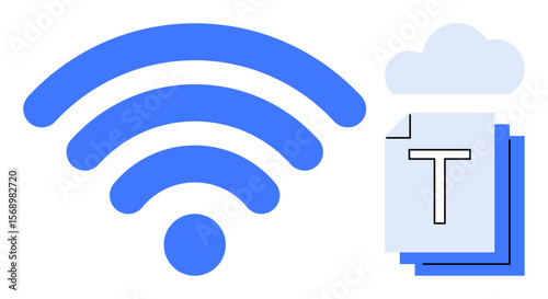 Blue wireless symbol next to a cloud and stacked document icon with T, representing cloud-based connectivity, digital sharing, or online collaboration. Ideal for networks, cloud storage, data access